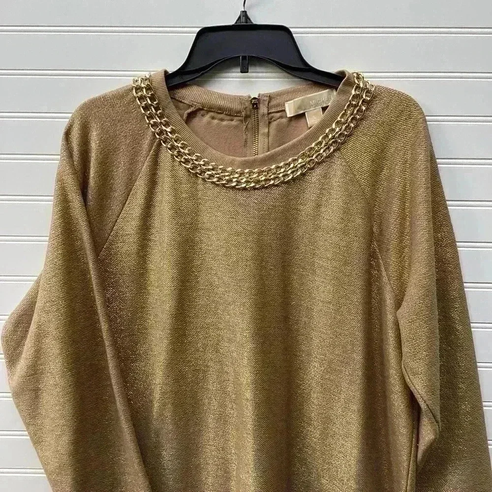 Micheal Kors Gold Chain Gold Shimmer Sweater Long sleeve Midi  Dress Size Large